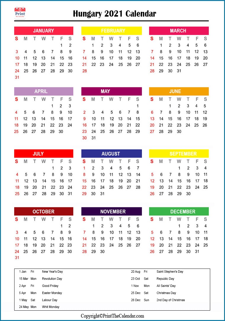 Hungary Printable Calendar 2021